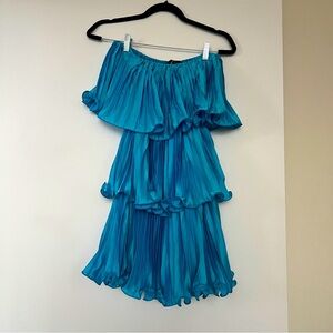 Blue Tiered ruffle dress off shoulder InTheStyle LornaLuxe